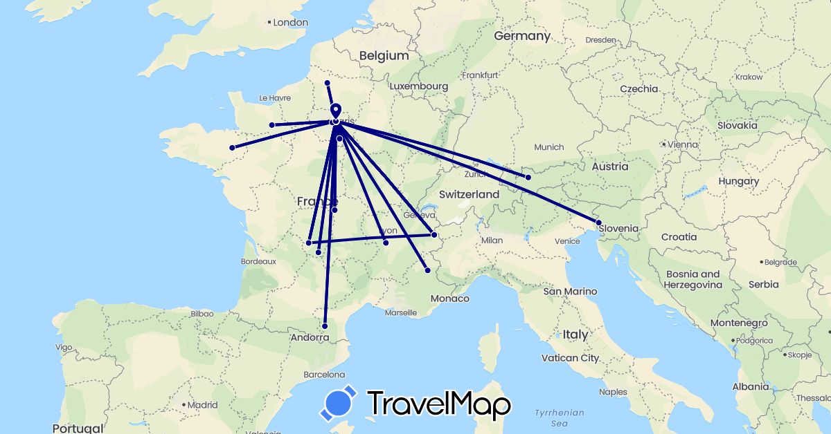 TravelMap itinerary: driving in Austria, France, Slovenia (Europe)